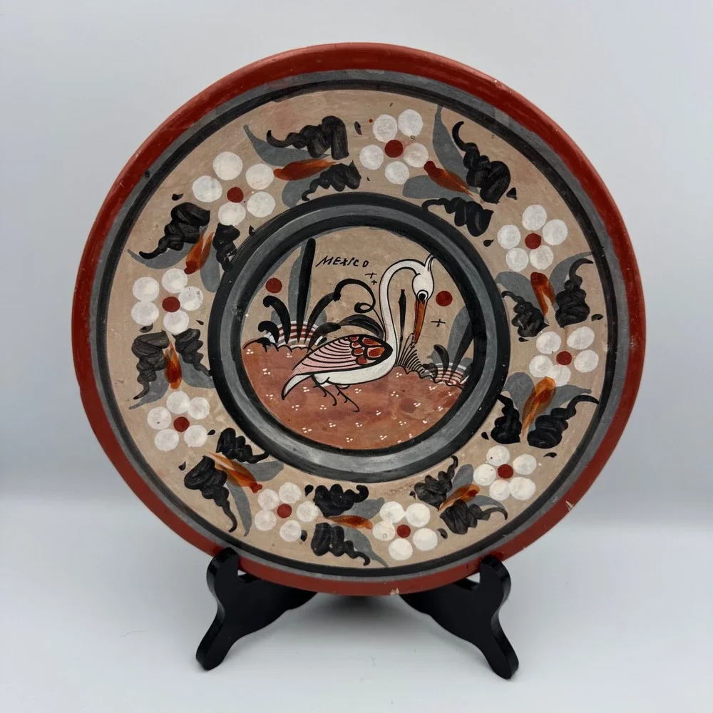 Vintage Tonala Mexico Hand Painted Pottery Wall Plate Crane Heron Folk Art 10.5